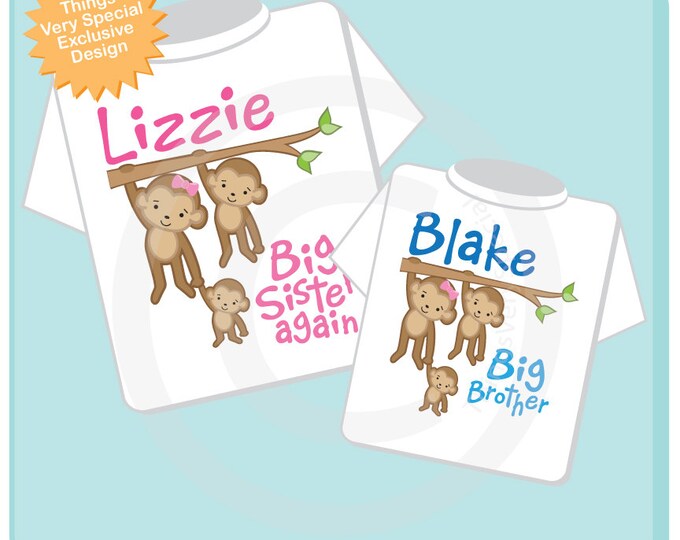 Big Sister Again and Big Brother Shirt set of 2, Sibling Shirt, Personalized Tshirt with Cute Monkeys (07102013a)