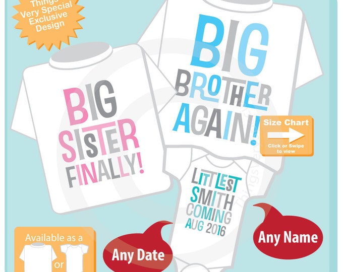 Sibling Set of Three, Big Brother Again, Big Sister Finally, and Littlest Family Name Shirt or Onesie Pregnancy Announcement (10282015a)