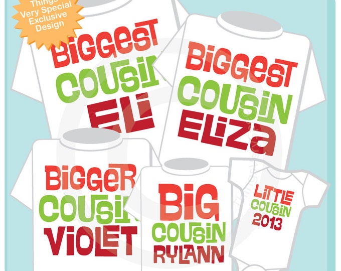 Set of Five Personalized Cousin Tees or Oneises in any combination of boys and girls in Red and Green For Christmas Photos