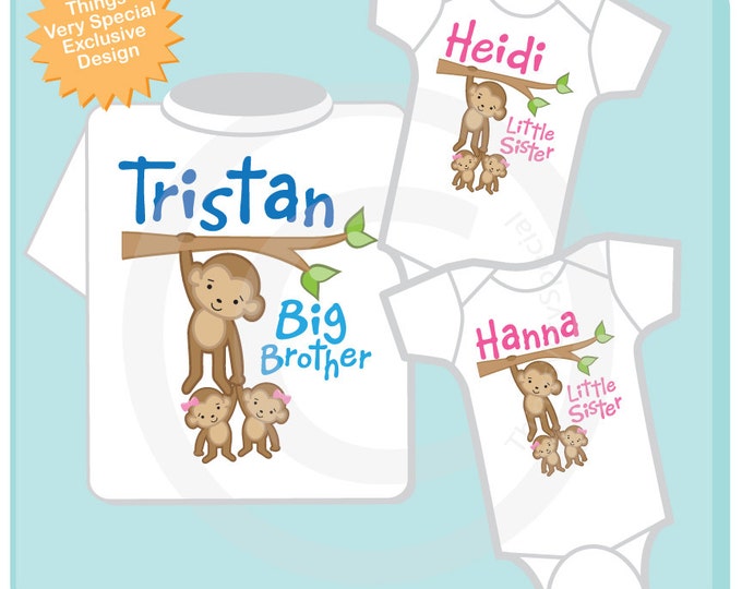 Sibling Monkey Shirt Set, Set of Three, Big Brother Shirt, Big Brother, and Twin Baby Sisters,  Personalized Shirt or Onesie (07072015g)