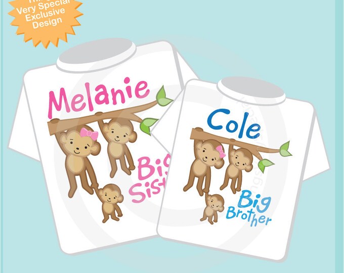 Big Sister Big Brother Shirt set of 2, Sibling Shirt, Personalized Tshirt with Cute Monkeys (05032012c)