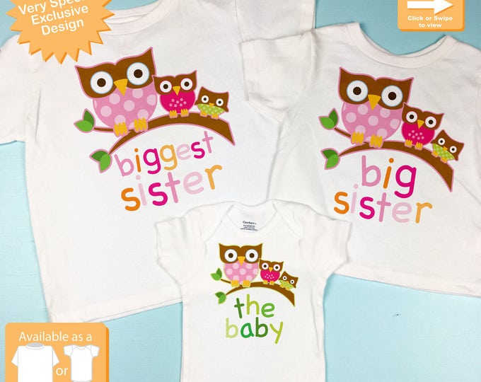 Trending Tshirts Biggest Sister Shirt Big Sister Shirt and The Baby Shirt Set Personalized Owl Tee Shirt or Onesie Set of Three (09212012a)