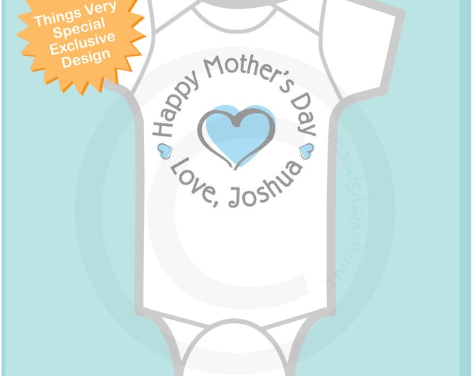 Happy Mother's Day Onesie,  Personalized Mothers Day Onesie or Tee shirt with Blue Heart, New Mom Gift (03112014d)