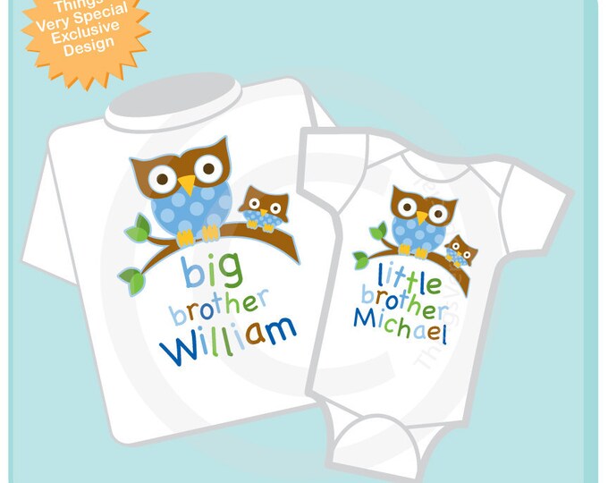 Big Brother Shirt, and Little Brother Owl Onesie or Shirt Set Personalized Owl Tee Shirt or Onesie Set of Two (05212012c)