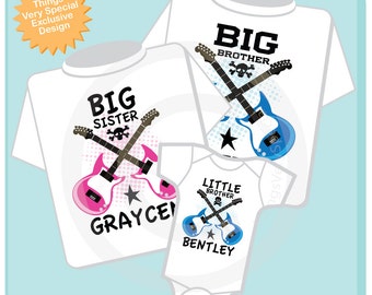 Set of Three Personalized Big Brother, Big Sister and Little Brother Guitar Rocker Shirt or Onesie, Infant, Toddler or Youth sizes t-shirt