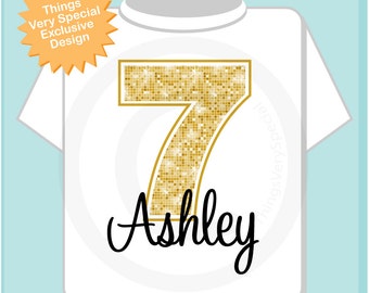 Seventh Birthday Shirt, Golden 7 Birthday t-Shirt, Any Age Personalized Girls Birthday Shirt Gold Color Age and Name Tee (10302013b)