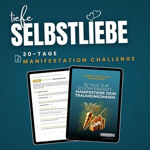 Könnte beinhalten: Ein digitales Tablet zeigt ein 30-Tage-Manifestations-Challenge-Arbeitsbuch mit dem Titel "Carrot and Stick Workbook: 30 Tage, um dein Traumeinkommen zu manifestieren". Das Cover zeigt eine Cartoon-Karotte und einen Stapel Goldmünzen.