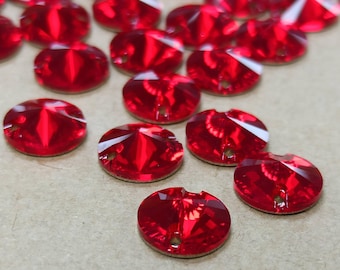 Swarovski 3200 Light Siam Rivoli Sew On Crystal Stone, Red Crystal Stone, Red Glass Stone, Red Rhinestone, 14mm Red Beads, Red Round Stone