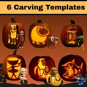 May include: Six carved pumpkin templates with various designs, including a cartoon character, a hippo, a frog, a ballerina, a monkey in a banana, and a shark. The pumpkins are lit from within, showcasing the intricate carvings.