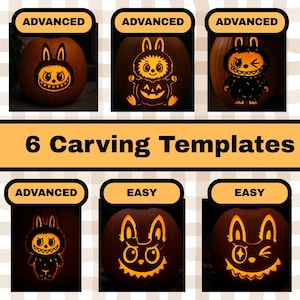 May include: Six pumpkin carving templates are shown, each with a different cartoon character design. The designs vary in difficulty from easy to advanced, with the text "6 Carving Templates" in the centre.