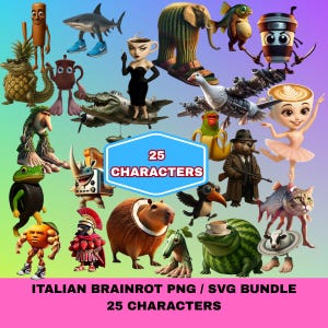 Italian Brainrot 25 PNG Bundle Funny Characters, Tralalero Tralala, Bombardino Cocodrilo, Ballerina Cappuccina, Rhino Toasterino, Tung Sahur