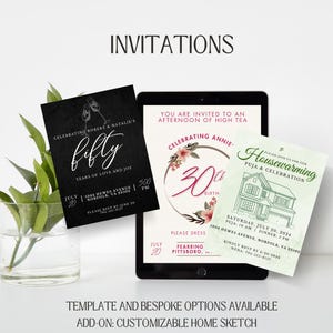 Aangepaste uitnodigingen, briefpapier voor evenementen; digitale downloads, programma/routebeschrijving, infographic, plaats-/menukaarten, baraatkaart, schets thuis/locatie
