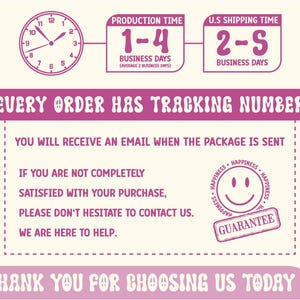 May include: A pink and white graphic with text and illustrations. It features a clock, information on production and shipping times, and a guarantee stamp. The text states: "Every order has a tracking number."
