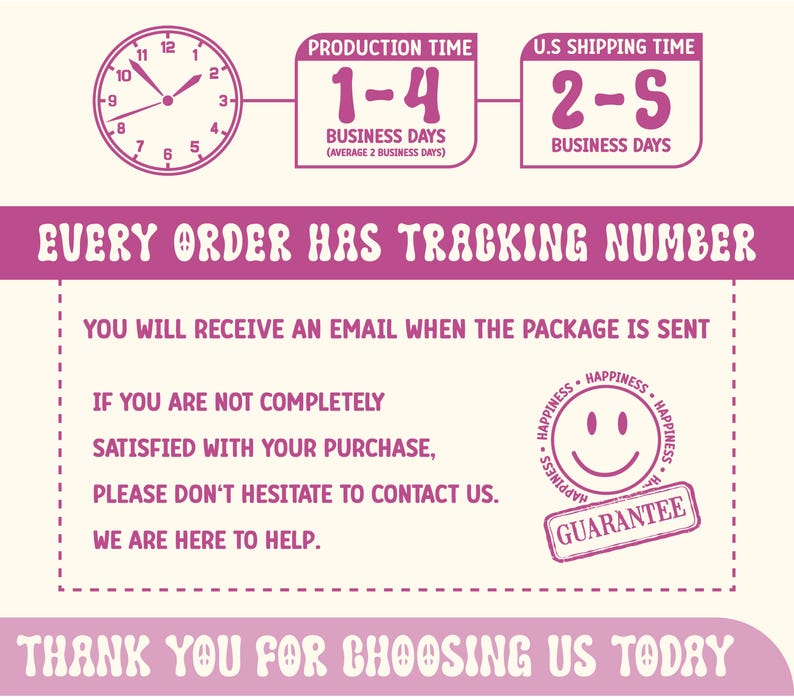 May include: A pink and white graphic with text and illustrations. It features a clock, information on production and shipping times, and a guarantee stamp. The text states: "Every order has a tracking number."