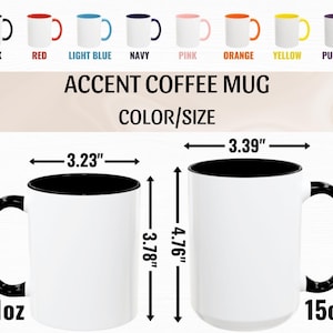 Puede incluir: Tazas de caf&eacute; blancas con detalles en negro, rojo, azul claro, marino, rosa, naranja, amarillo y morado. Las tazas est&aacute;n disponibles en tama&ntilde;os de 11 oz y 15 oz. La taza de 11 oz mide 8,2 cm de ancho y 9,6 cm de alto. La taza de 15 oz mide 8,6 cm de ancho y 12,1 cm de alto.