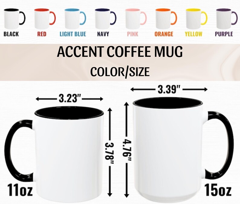 Puede incluir: Tazas de caf&eacute; blancas con detalles en negro, rojo, azul claro, marino, rosa, naranja, amarillo y morado. Las tazas est&aacute;n disponibles en tama&ntilde;os de 11 oz y 15 oz. La taza de 11 oz mide 8,2 cm de ancho y 9,6 cm de alto. La taza de 15 oz mide 8,6 cm de ancho y 12,1 cm de alto.