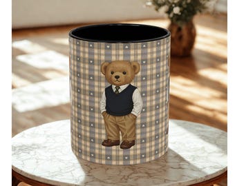 Taza clásica a cuadros de lujo con diseño de oso preppy