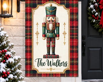 Personalized Nutcracker Christmas Garden Flag, Custom Family Name Flag, Holiday Porch Decor, Tartan Plaid Garden Flag