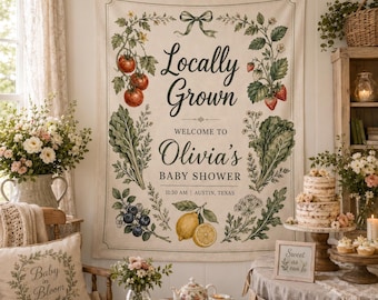 Locally Grown Baby Shower Welcome Sign, Linen Garden Party Decor