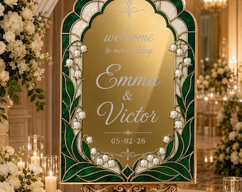 Emerald Green Wedding Welcome Sign, Floral Mirror Acrylic Sign, Custom Elegant Entrance Board
