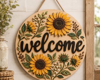 Sunflower Wooden Welcome Door Sign, Boho Rustic Front Door Sign with 3D Florals, Engagement Gift, Newlywed Housewarming Decor