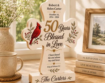 Personalized 50th Anniversary Wooden Cross: Custom Cardinal Couple Block, Religious Gift