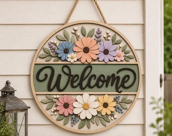 Wildflowers Wooden Welcome Door Sign, Rustic Front Door Sign with 3D Florals, Engagement Gift, Newlywed Housewarming Decor