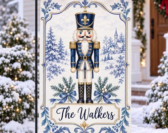 Personalized Nutcracker Christmas Garden Flag, Custom Family Name Flag, Holiday Porch Decor, Chinoiserie Blue Toile Garden Flag