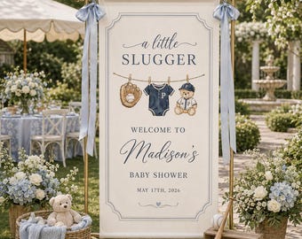 Personalized Baseball Baby Shower Banner, Little Slugger Tapestry, Baby Boy Sports Welcome Sign, Custom Garden Backdrop