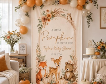 Boho Woodland Pumpkin Baby Shower Banner, Neutral Pumpkin Backdrop for Baby Shower, Forest Animals Fall Backdrop, Rustic Autumn Baby Shower