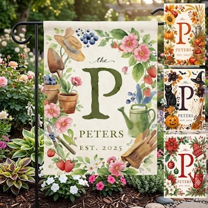 May include: A rectangular garden flag featuring a large green letter P, the text "the PETERS EST. 2025", and illustrations of a straw hat, a trowel, potted flowers, strawberries, blueberries, a green watering can, and gardening gloves.