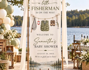 Fishing Baby Shower Abnner A Little Fisherman Is On the Way Baby Shower Welcome Banner Green Boy Baby Shower Sign