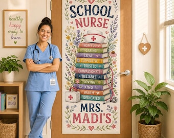 Personalized School Nurse Linen Door Tapestry: Custom Book Stack Clinic Sign