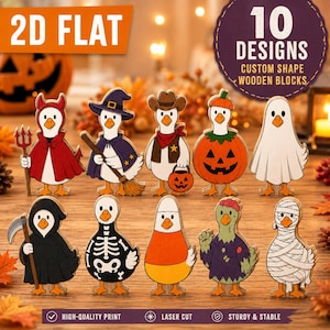 Juego de bloques de madera de ganso de Halloween, linda decoración de estante de pato espeluznante, adorno de bandeja escalonada de otoño de granja, regalo para el hogar de esqueleto de momia de bruja