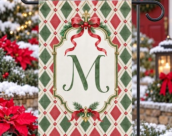 Red & Green Monogram Initial Christmas Garden Flag, Personalized Yard Banner Welcome Sign