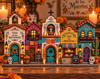 Sugar Skull Village Wood Block, Day of the Dead Mantel Decor, Dia de los Muertos House Sign, Spooky Town Shelf Sitter, Skeleton Art