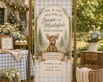 A Little Moose Baby Shower Welcome Sign Linen Banner Custom Baby Shower Entrance Sign Woodland Animals Party Decor