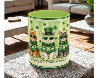 Taza de gato con texto "Feliz Día de San Patricio", adorable taza de café con trébol, regalo de gatito verde irlandés, 325 ml y 430 ml