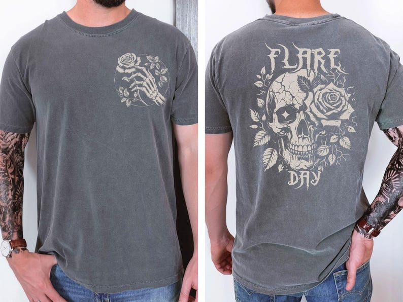 May include: A gray t-shirt with a skull and rose graphic on the back and a skeleton hand holding a rose on the front. The text "FLARE DAY" is printed below the skull and rose graphic.