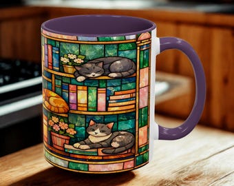 Taza de gato con estantería de vitrales, taza de café con gato para amantes de los libros, taza de cerámica con vitrales falsos de 325 ml y 437 ml