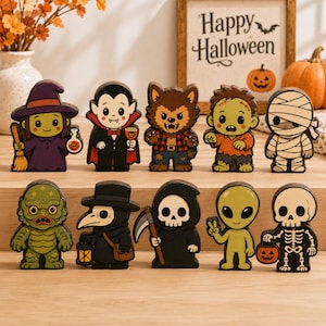 Decorazioni vintage di Halloween, blocco di legno retrò per decorare mensole, blocco di legno personalizzato con nome, mini ornamento di Halloween, regalo rustico di Halloween per tutta la famiglia