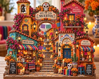 Mexican Folk Art Village Wooden Block, Dia de los Muertos Tabletop Decor, Colorful Day of the Dead Sign, Ofrenda Shelf Sitter
