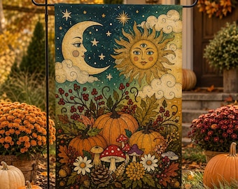 Autumn Equinox Garden Flag Sun Moon Harvest Yard Decor Mabon Sabbat Celestial Folk Art Outdoor Banner