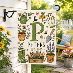 May include: A rectangular garden flag featuring a large green letter P, the text the PETERS EST. 2025, and illustrations of a green watering can, gardening gloves, a trowel, potted flowers, lavender, and green polka dot boots on a cream background.