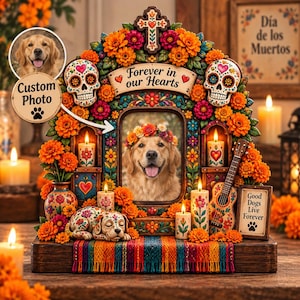 May include: A decorative Dia de los Muertos memorial frame featuring a golden retriever photo, marigold flowers, sugar skulls, candles, a guitar, and a sleeping dog figurine. The frame includes the text Forever in our Hearts and Good Dogs Live Forever.