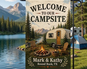Welcome to Our Campsite Garden Flag: Personalized Camper Yard Sign with Mountains and Campfire
