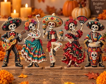 Day of the Dead Wooden Block, Dia de los Muertos Skeleton Figurines, Mexican Folk Art Decor, Colorful Sugar Skull Halloween Decor