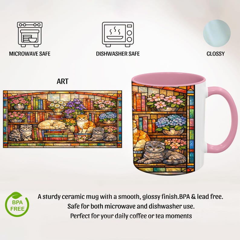 Puede incluir: Taza de cer&aacute;mica blanca con interior y asa rosa, con un dise&ntilde;o de vidriera de gatos, flores y libros. La taza es apta para microondas y lavavajillas.