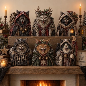 Puede incluir: Seis figuras de gatos detalladas dispuestas sobre una repisa de madera. Cada gato lleva una capa con capucha y accesorios festivos como campanas, coronas o linternas. Un letrero muestra el texto YULE CAT FOLKLORE.