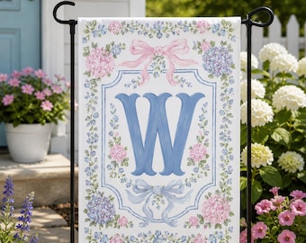 Grandmillennial Hydrangea Garden Flag, Spring Welcome Flag, Summer Garden Flag, Floral Monogram Outdoor Flag, Housewarming Gift